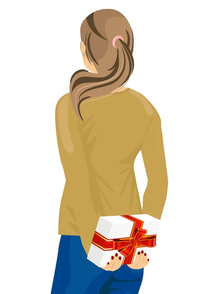 Молодая женщина прячет подарок за спиной — стоковый вектор