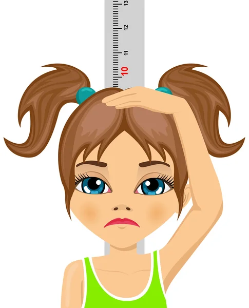 Unhappy little girl measuring her growth in height — Stock Vector