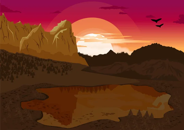 Paysage naturel d'été avec lac de montagne et silhouette des oiseaux à l'aube — Image vectorielle