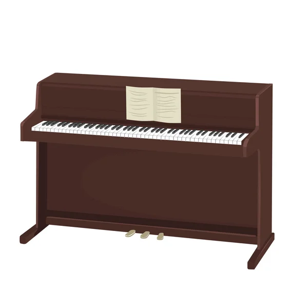 Brown upright piano with notes on white background — Stock Vector