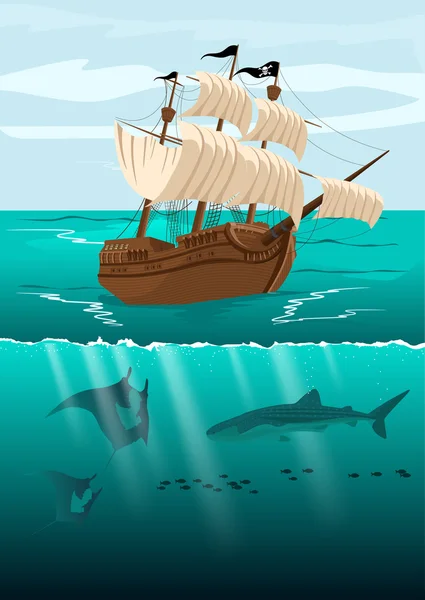 Over-onder de gesplitste weergave van piratenschip en onderwater landschap met zeeleven — Stockvector