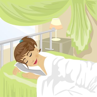 Genç kız yatak Yeşil perde ve lamba ile bir gece masada uyuyor