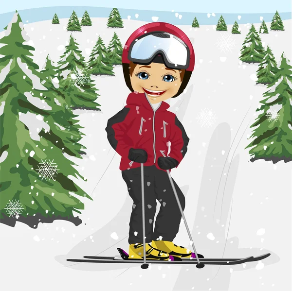 Little boy wearing red ski jacket and a helmet skiing in the ski resort — Stock Vector