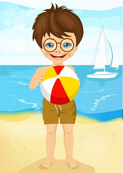 Petit garçon avec des lunettes jouant au ballon sur la plage tropicale — Image vectorielle