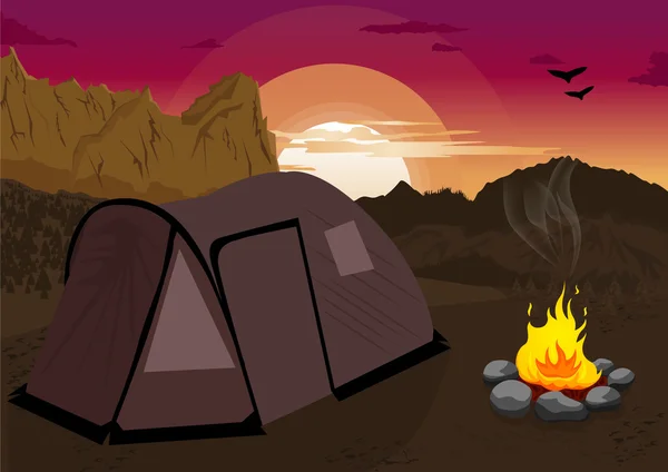 Paysage de montagne au coucher du soleil avec tente de camping et feu de camp — Image vectorielle