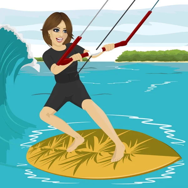 Femme Kiteboarder aime surfer vagues avec kiteboard — Image vectorielle