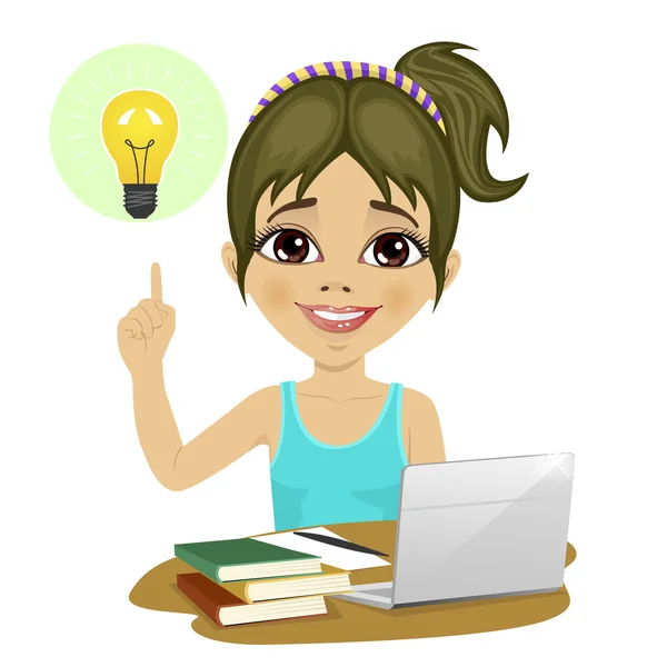 Cute teenage girl doing her homework with laptop and books on desk pointing finger to light bulb having idea — Stock Vector