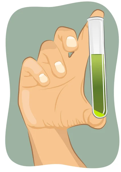 Kémiai kémcsőbe kezében zöld háttér — Stock Vector