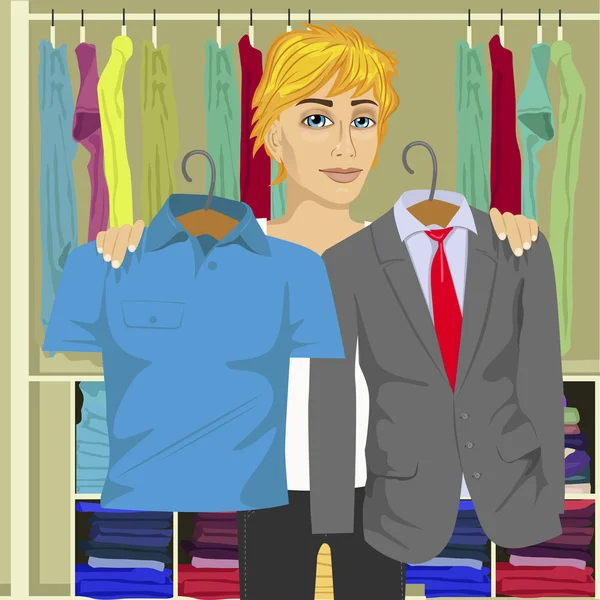 Joven hombre de pensamiento elegir entre traje de negocios y camisa de su armario — Vector de stock