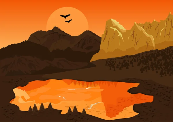 Paisaje natural de verano con lago de montaña y silueta de las aves al atardecer — Vector de stock