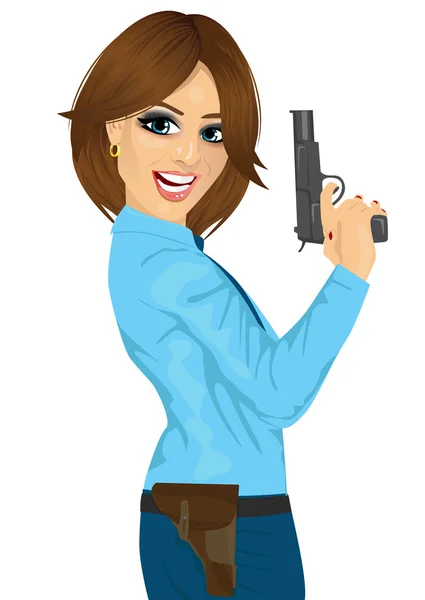 Bir tabanca tutan çekici polis kadın — Stok Vektör