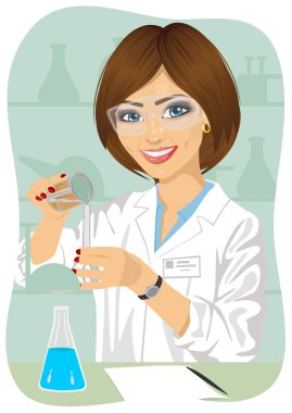 Female researcher mixes solutions in test tubes wearing protective glasses clipart