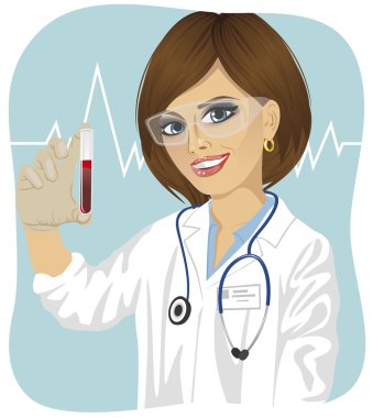 tüp kırmızı kimyasal sıvı ile tutarak koruyucu gözlük takan genç kadın bilim adamı