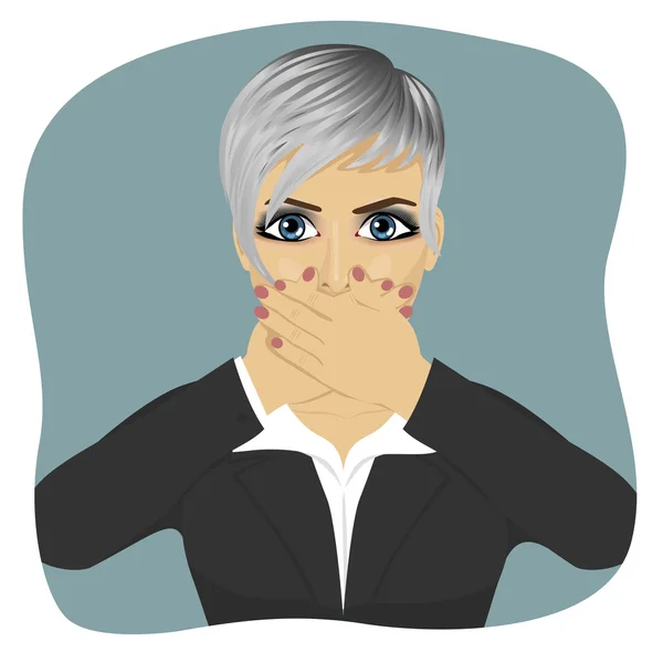 Effrayée jeune femme d'affaires couvrant sa bouche avec ses mains — Image vectorielle
