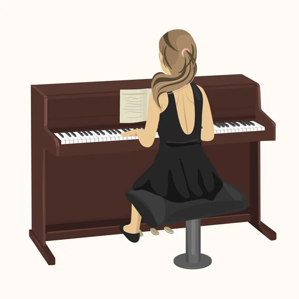 Vue arrière de la jeune femme jouant du piano droit brun — Image vectorielle