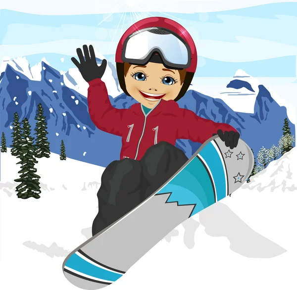 Menino bonito feliz pulando com snowboard na estância de esqui — Vetor de Stock