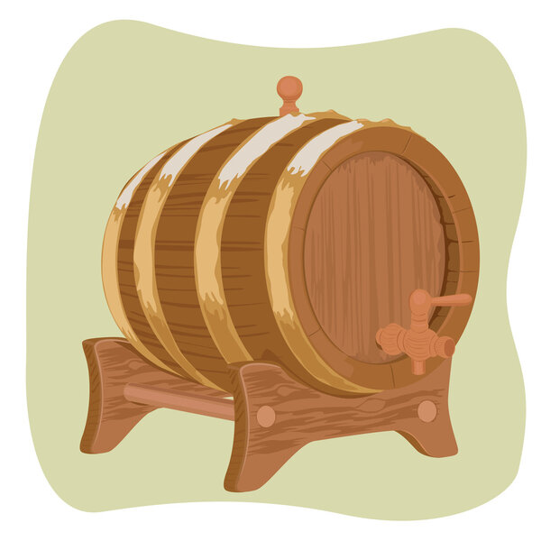 Wooden barrel with iron rings on green background
