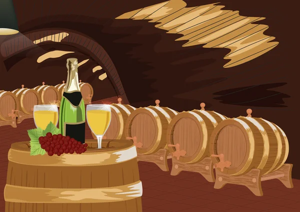 Wijnkelder met fles champagne, twee glazen en druiven op houten vat — Stockvector