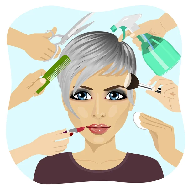 Female face and many hands making different beauty salon services — Stock Vector