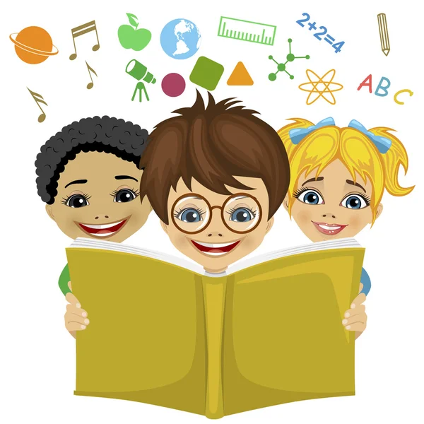 Τα παιδιά που διαβάζοντας ένα βιβλίο με την εκπαίδευση σχετικά με εικονίδια που φέρουν έξω. Φαντασία έννοια — Διανυσματικό Αρχείο