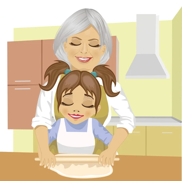 Babička učí vnučka, jak roll z těsta vařit pizzu v kuchyni — Stockový vektor