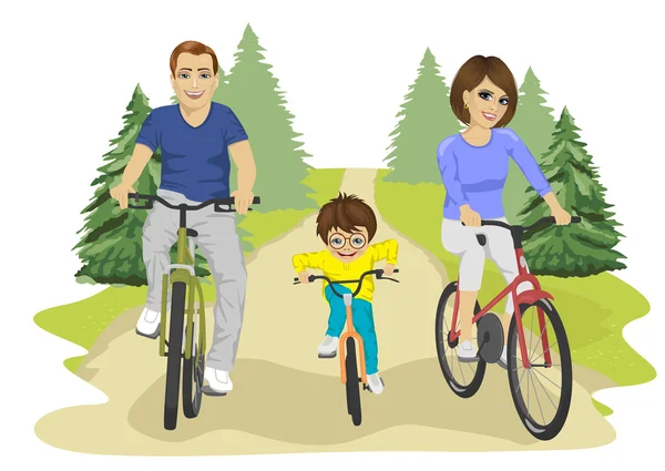 Joven familia caucásica, padre, madre y niño montar en bicicleta en verano en el campo — Vector de stock