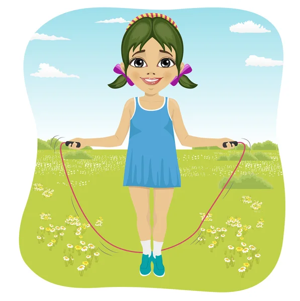 Seven years girl jumping with skipping rope in summer park — Stock Vector