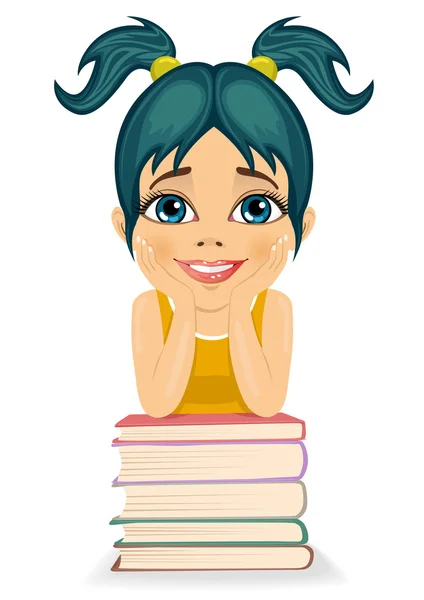 Pequena menina bonito pronto para a escola - inclinando-se na pilha de livros —  Vetores de Stock