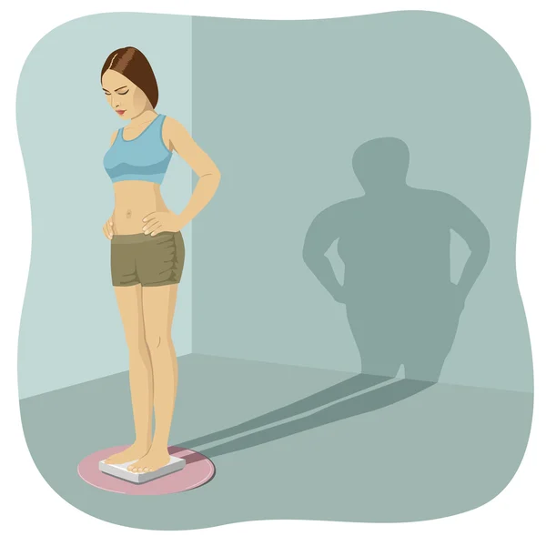 Young woman standing on bathroom scale with her shadow shows her distorted body image — Stock Vector