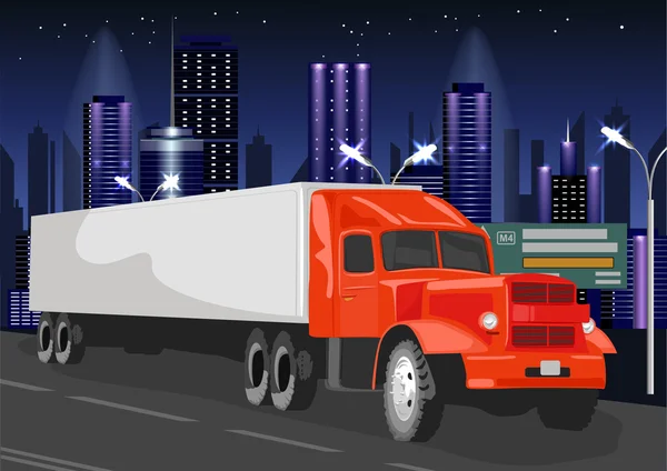 Κόκκινο φορτηγό με λευκό φορτίου κοντέινερ περνά μέσα από την πόλη το βράδυ — Διανυσματικό Αρχείο