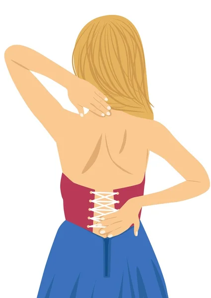 Jonge vrouw haar pijnlijke rug wrijven. De verlichting van de pijn, chiropractie concept — Stockvector