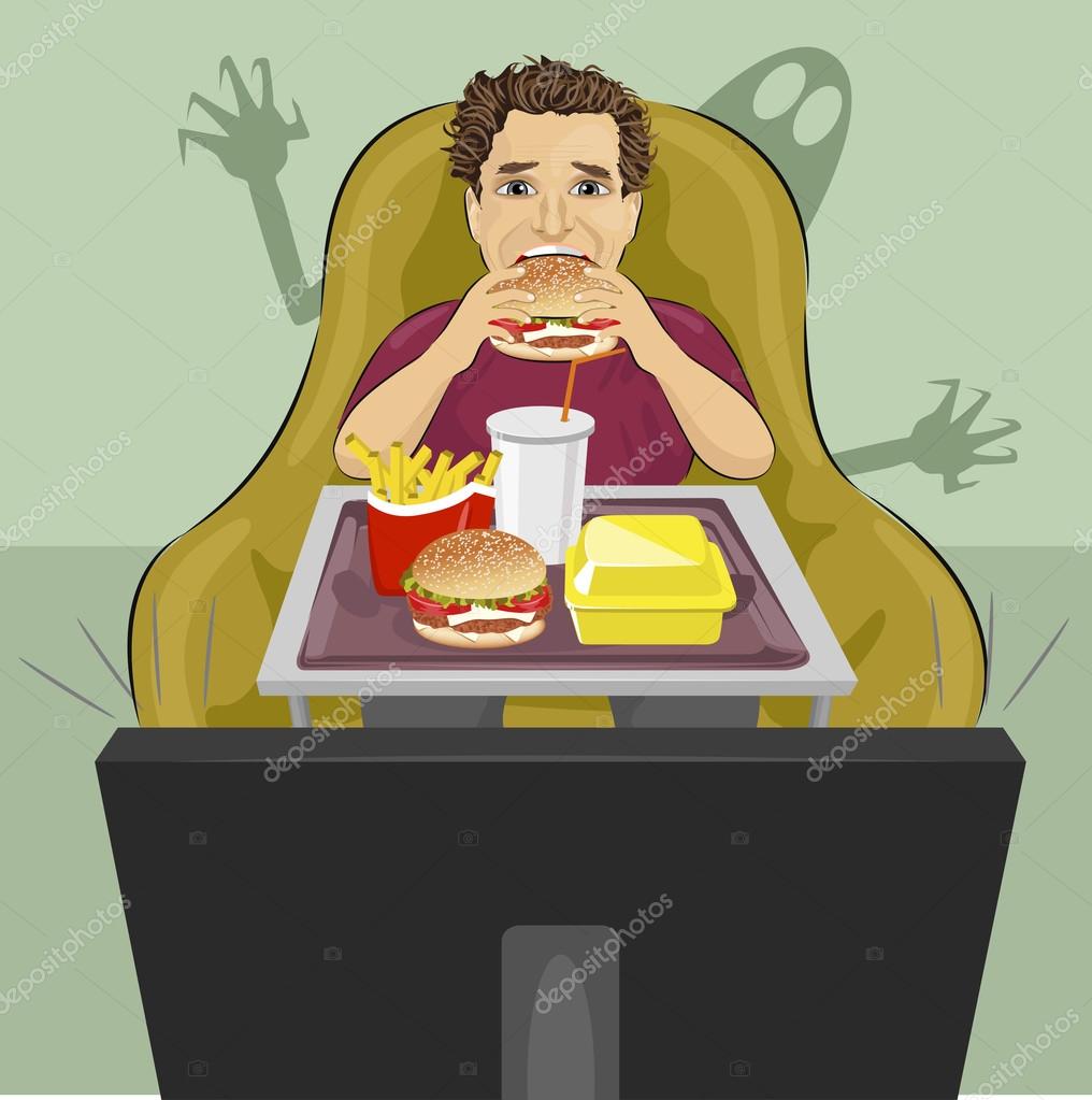 Mature Man Sits In Chair Eating Hamburger And Watching A