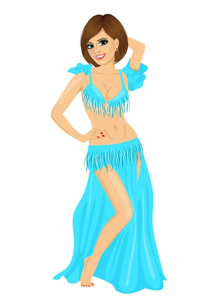 Belle femme caucasienne danseuse du ventre harem dans un costume de scène bleue — Image vectorielle