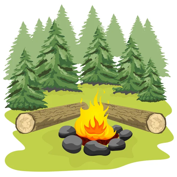 Campfire with stones and wooden logs in forest clearing — Stock Vector