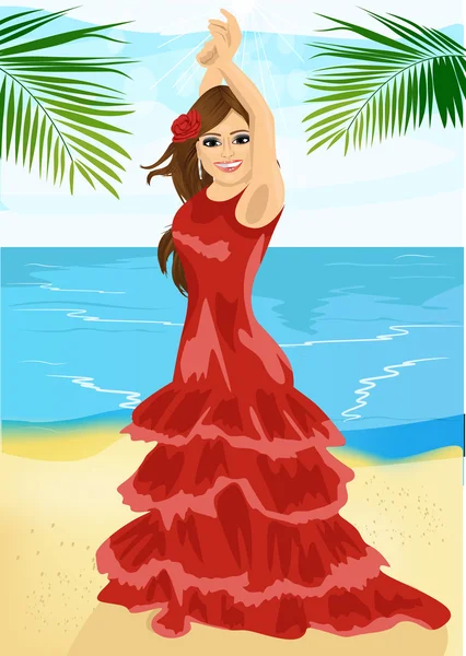 Mujer joven bailando flamenco en la playa — Vector de stock
