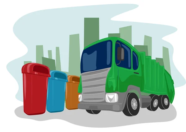 Ανακύκλωση φορτηγό μαζεύοντας τα δοχεία — Διανυσματικό Αρχείο