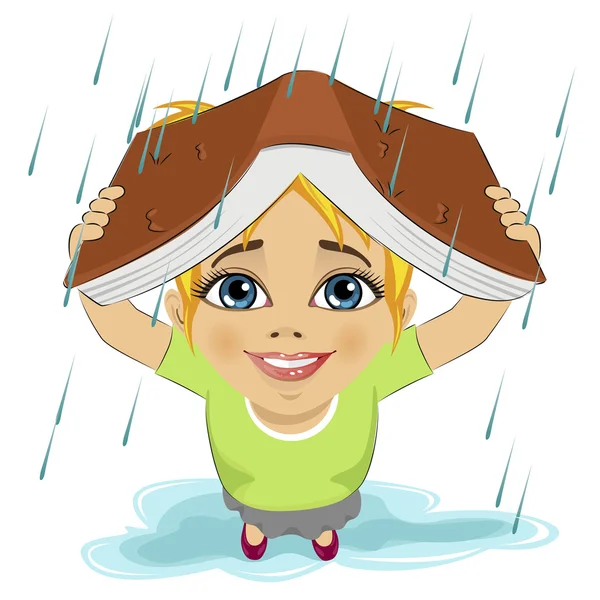 Piccola ragazza carina utilizzando libro come protezione della pioggia — Vettoriale Stock