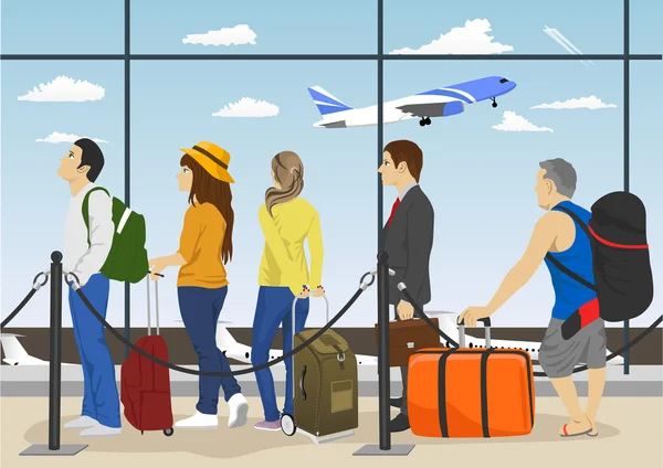 Passageiros em fila esperando balcões de check-in no aeroporto — Vetor de Stock
