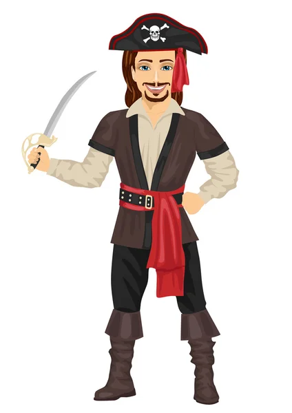 Красивый человек в пиратском костюме держит меч — стоковый вектор