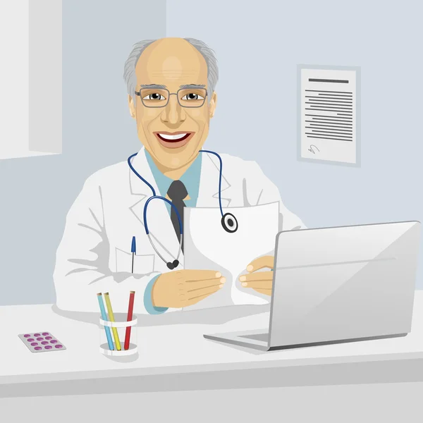 男性高级医生抱着坐在办公室用笔记本电脑的医疗处方 — 图库矢量图片