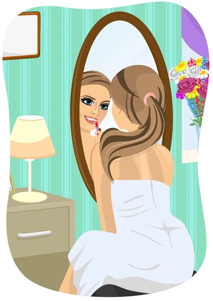 Mujer joven aplicando lápiz labial mirando el espejo en el dormitorio — Vector de stock