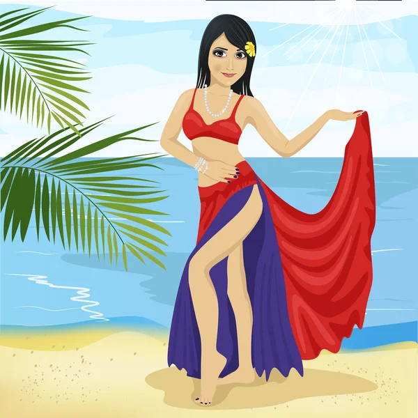 Hermosa vientre bailarina asiático mujer en un rojo y azul etapa traje en playa — Vector de stock