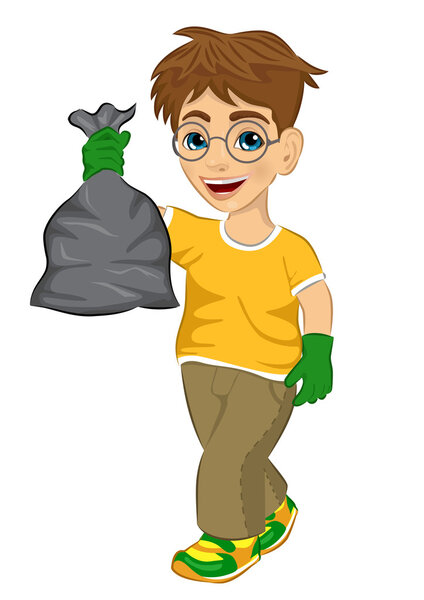 Cute teenager boy in yellow T-shirt and green rubber gloves holding garbage bag