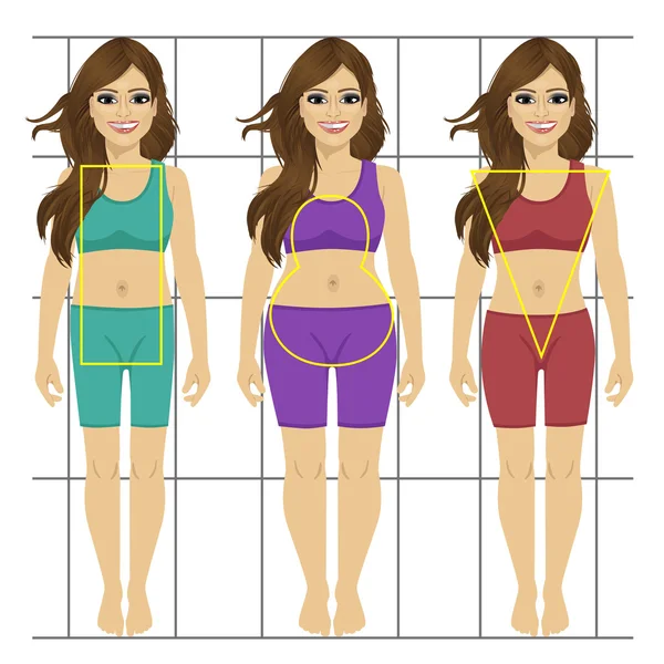 Olika kvinnors siffror. Tre kvinnliga kroppstyper: päron, rektangel, inverterad triangel. — Stock vektor