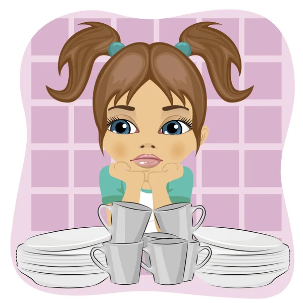 Unhappy girl standing in front of dirty dishes — Stock Vector