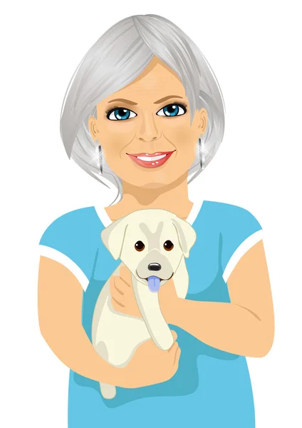 Mulher idosa com seu filhote de cachorro labrador amável —  Vetores de Stock