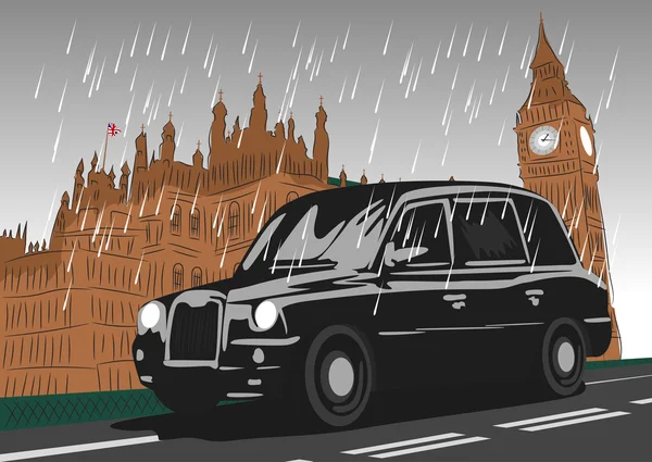 Zwarte taxi cabine bewegen op Westminster Bridge — Stockvector