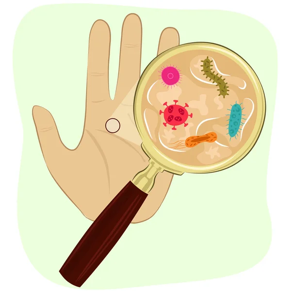 Bactérias e células virais na palma da mão humana sob lupa —  Vetores de Stock
