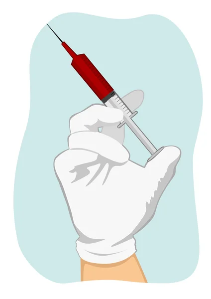 Doctor hand in white glove holding syringe with red liquid — Stock Vector