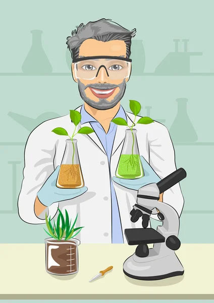 Zralý muž biolog s ochrannými brýlemi drží dvě baňky s rostlinami u mikroskopu v laboratoři — Stockový vektor